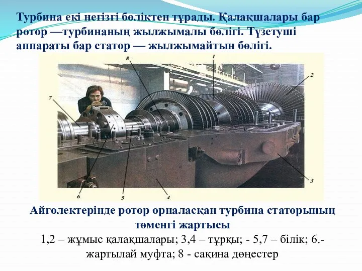 Турбина екі негізгі бөліктен тұрады. Қалақшалары бар ротор —турбинаның жылжымалы