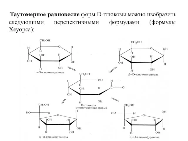 Таутомерное равновесие форм D-глюкозы можно изобразить следующими перспективными формулами (формулы Хеуорса):