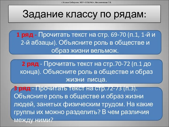 Задание классу по рядам: 1 ряд - Прочитать текст на стр. 69-70 (п.1,