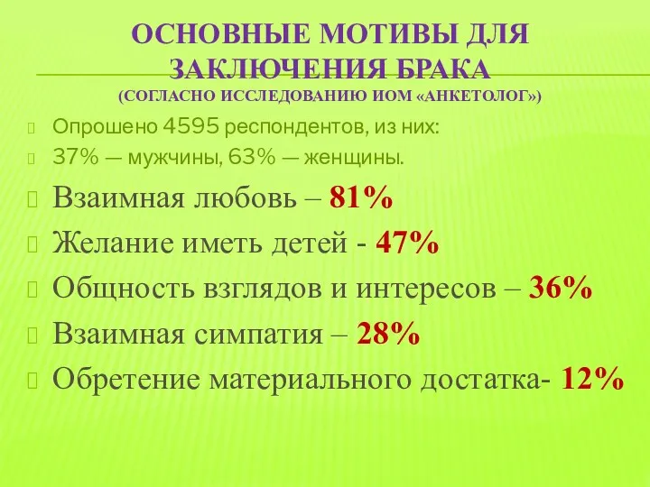 ОСНОВНЫЕ МОТИВЫ ДЛЯ ЗАКЛЮЧЕНИЯ БРАКА (СОГЛАСНО ИССЛЕДОВАНИЮ ИОМ «АНКЕТОЛОГ») Опрошено