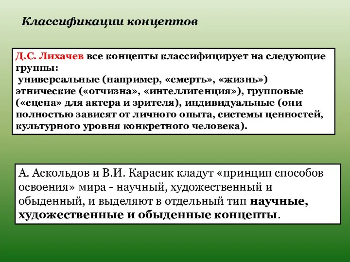 Классификации концептов Д.С. Лихачев все концепты классифицирует на следующие группы: