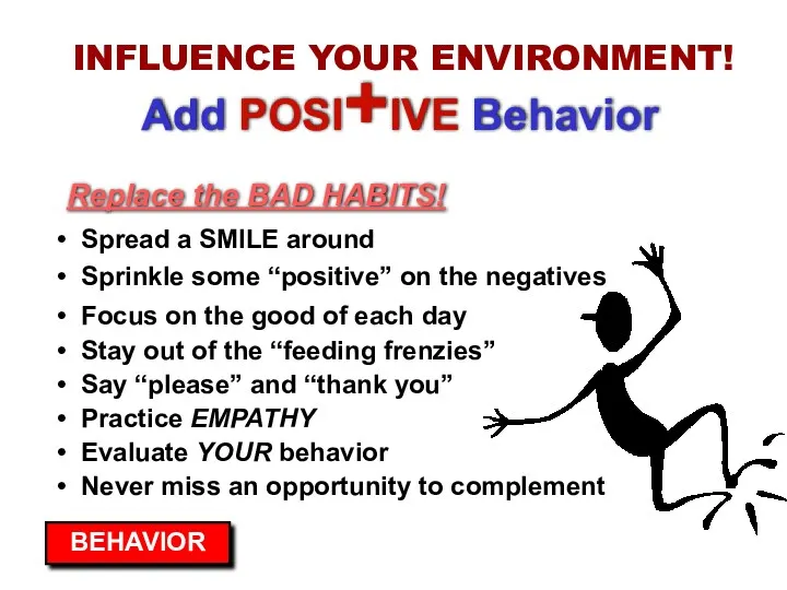 Add POSI+IVE Behavior INFLUENCE YOUR ENVIRONMENT! Sprinkle some “positive” on