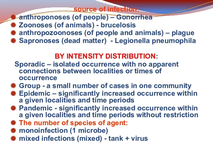 source of infection: anthroponoses (of people) – Gonorrhea Zoonoses (of