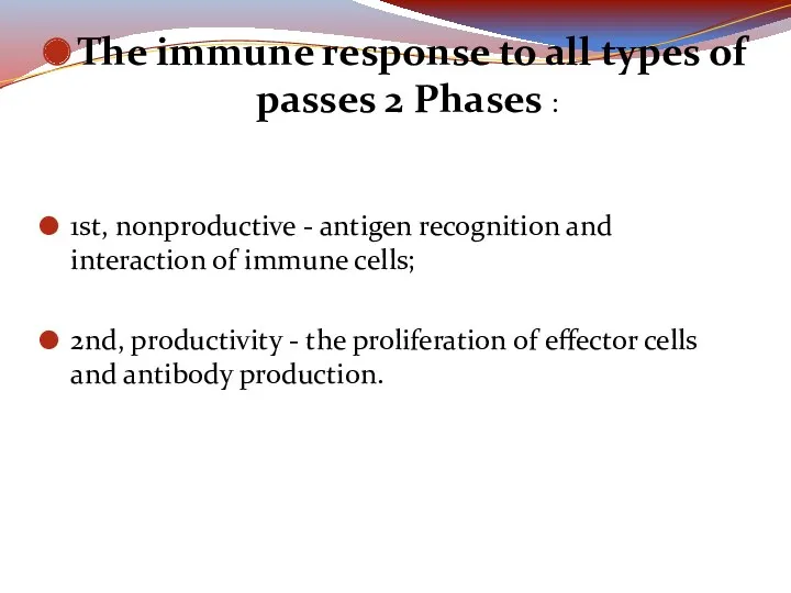 The immune response to all types of passes 2 Phases : 1st, nonproductive