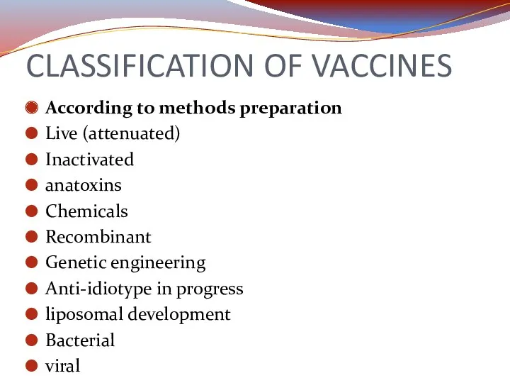 CLASSIFICATION OF VACCINES According to methods preparation Live (attenuated) Inactivated anatoxins Chemicals Recombinant