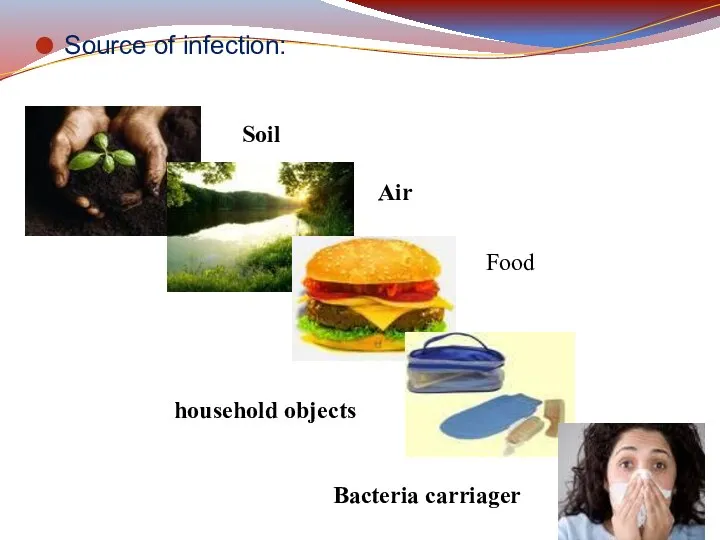 Source of infection: Soil Air Food household objects Bacteria carriager