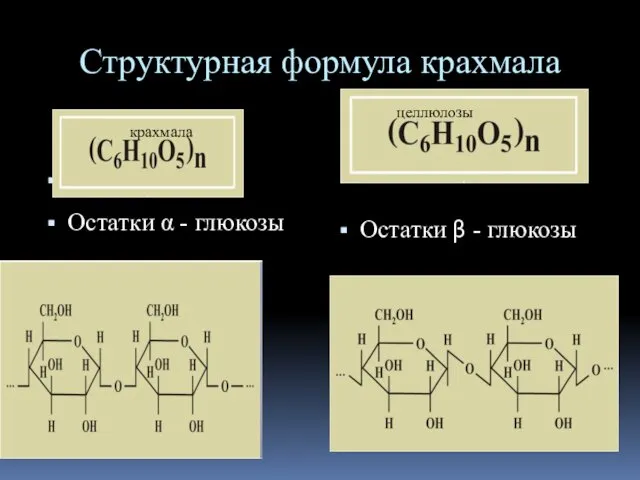 Структурная формула крахмала Остатки α - Остатки α - глюкозы Остатки β - глюкозы крахмала целлюлозы