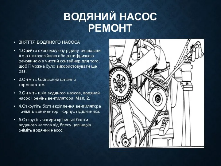 ВОДЯНИЙ НАСОС РЕМОНТ ЗНЯТТЯ ВОДЯНОГО НАСОСА 1.Слийте охолоджуючу рідину, змішавши