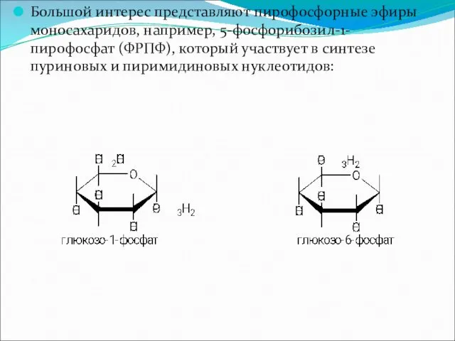 Большой интерес представляют пирофосфорные эфиры моносахаридов, например, 5-фосфорибозил-1-пирофосфат (ФРПФ), который