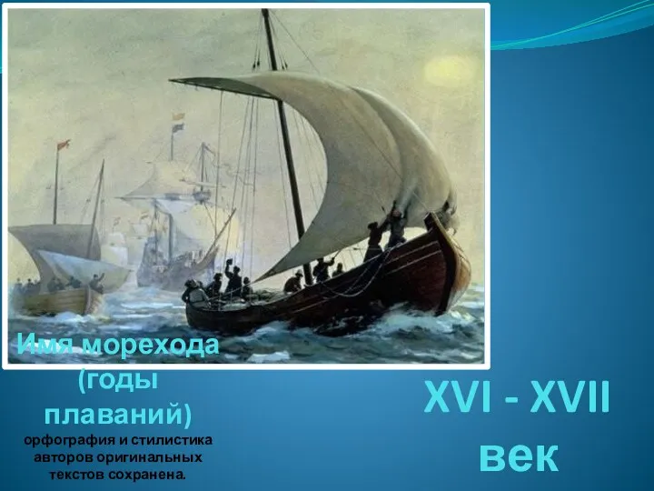 XVI - XVII век Имя морехода (годы плаваний) орфография и стилистика авторов оригинальных текстов сохранена.