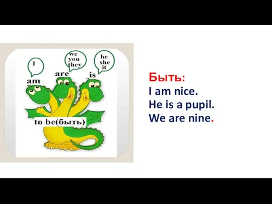Быть: I am nice. He is a pupil. We are nine.