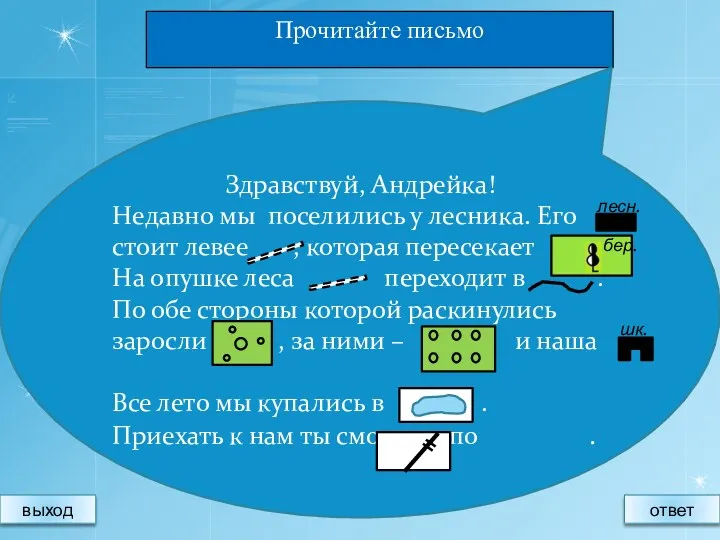 Прочитайте письмо Здравствуй, Андрейка! Недавно мы поселились у лесника. Его