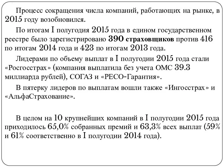 . Процесс сокращения числа компаний, работающих на рынке, в 2015