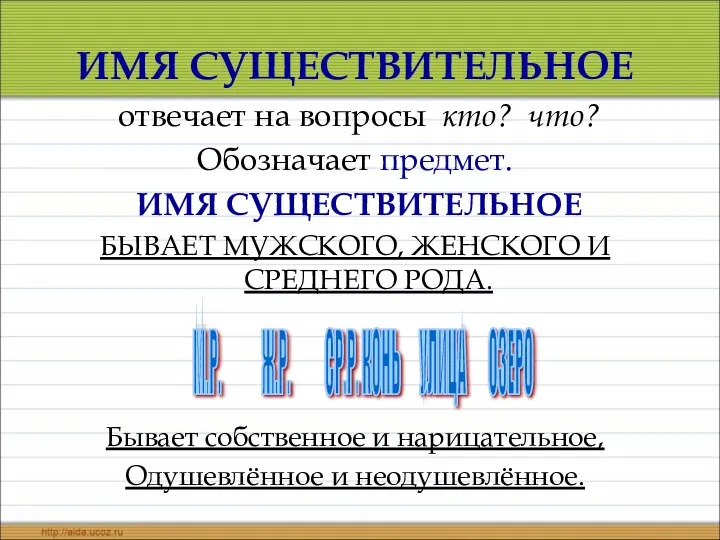 ИМЯ СУЩЕСТВИТЕЛЬНОЕ отвечает на вопросы кто? что? Обозначает предмет. ИМЯ