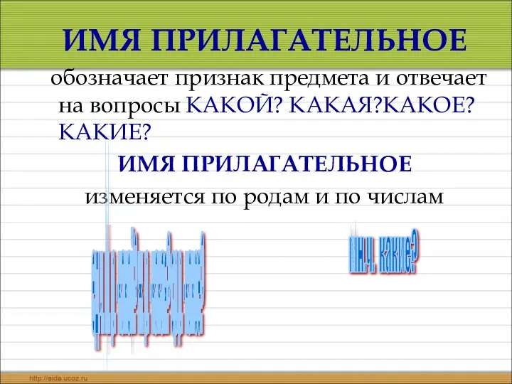 ИМЯ ПРИЛАГАТЕЛЬНОЕ обозначает признак предмета и отвечает на вопросы КАКОЙ?