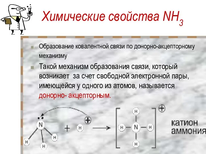 Химические свойства NH3 Образование ковалентной связи по донорно-акцепторному механизму Такой