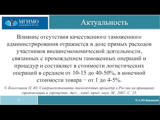 © А.Ю.Кожанков Актуальность 7 Влияние отсутствия качественного таможенного администрирования отражается