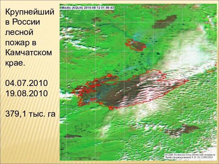 Крупнейший в России лесной пожар в Камчатском крае. 04.07.2010 19.08.2010 379,1 тыс. га