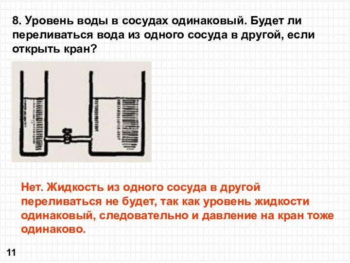 8. Уровень воды в сосудах одинаковый. Будет ли переливаться вода из одного сосуда