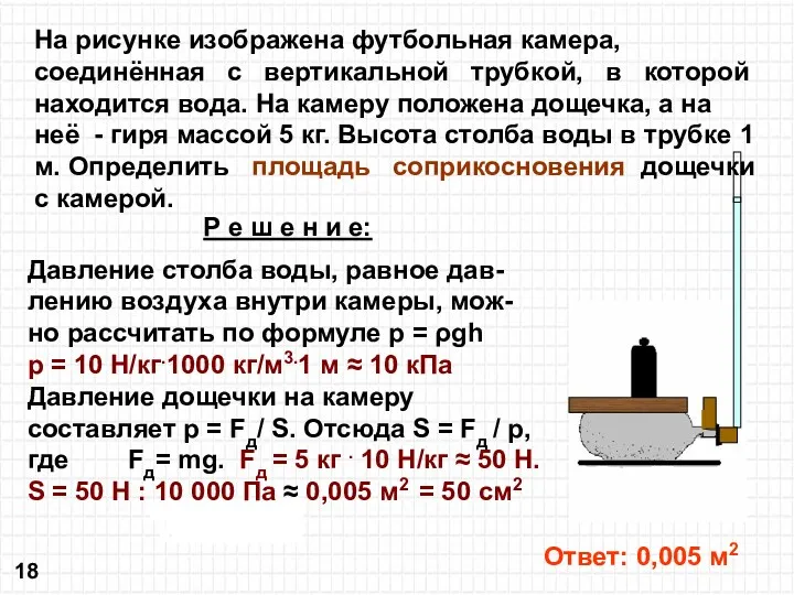 На рисунке изображена футбольная камера, соединённая с вертикальной трубкой, в которой находится вода.