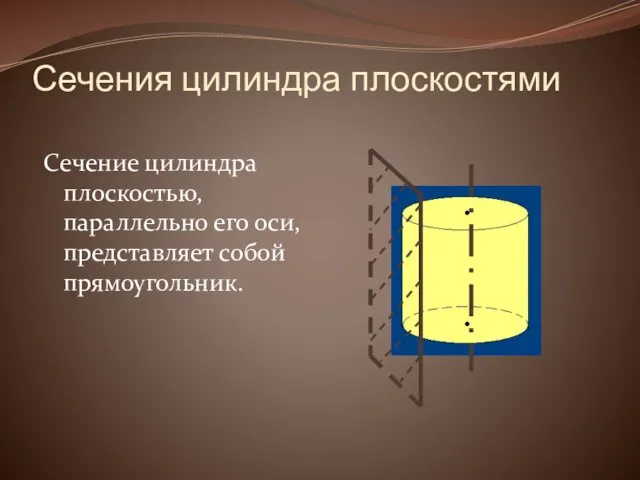 Сечения цилиндра плоскостями Сечение цилиндра плоскостью, параллельно его оси, представляет собой прямоугольник.