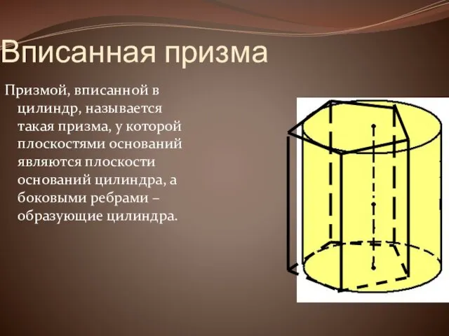 Вписанная призма Призмой, вписанной в цилиндр, называется такая призма, у