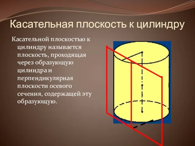 Касательная плоскость к цилиндру Касательной плоскостью к цилиндру называется плоскость,