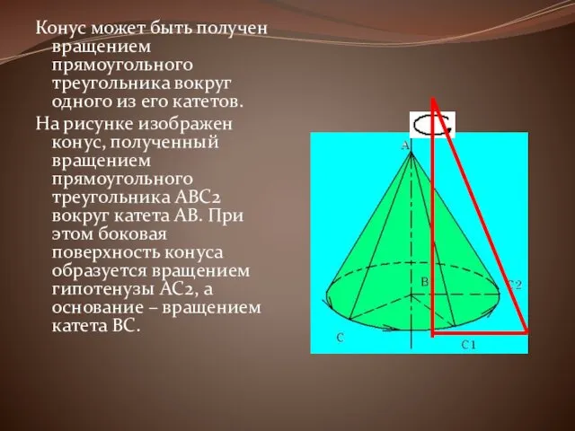 Конус может быть получен вращением прямоугольного треугольника вокруг одного из