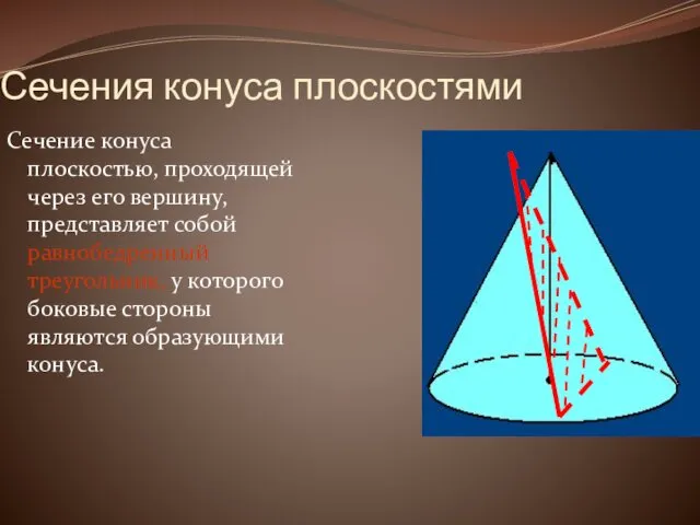 Сечения конуса плоскостями Сечение конуса плоскостью, проходящей через его вершину,