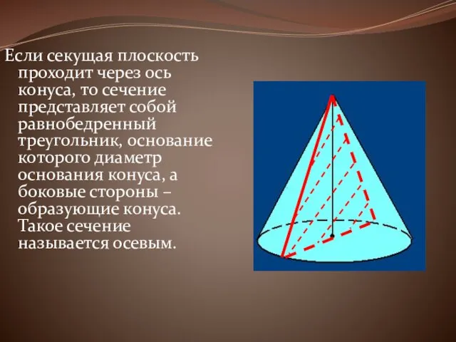 Если секущая плоскость проходит через ось конуса, то сечение представляет