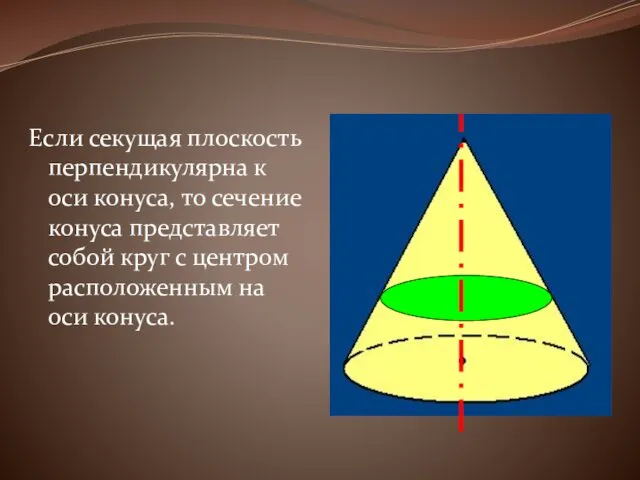 Если секущая плоскость перпендикулярна к оси конуса, то сечение конуса