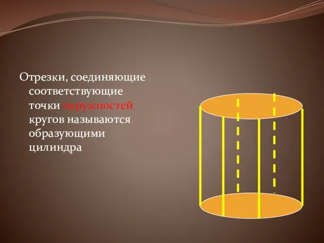 Отрезки, соединяющие соответствующие точки окружностей кругов называются образующими цилиндра