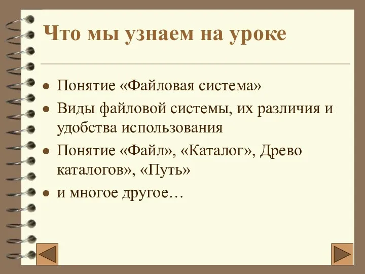 Что мы узнаем на уроке Понятие «Файловая система» Виды файловой