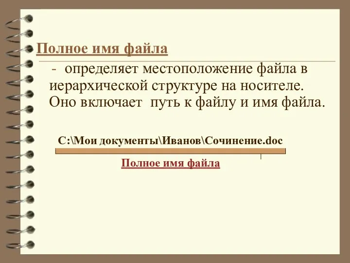 Полное имя файла - определяет местоположение файла в иерархической структуре