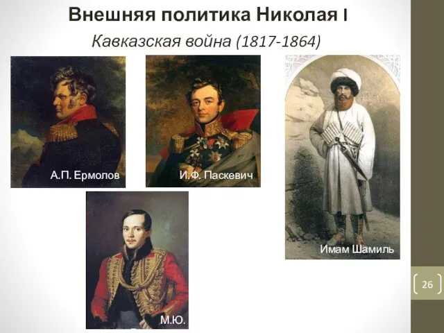 Внешняя политика Николая I Кавказская война (1817-1864) А.П. Ермолов Имам Шамиль И.Ф. Паскевич М.Ю. Лермонтов