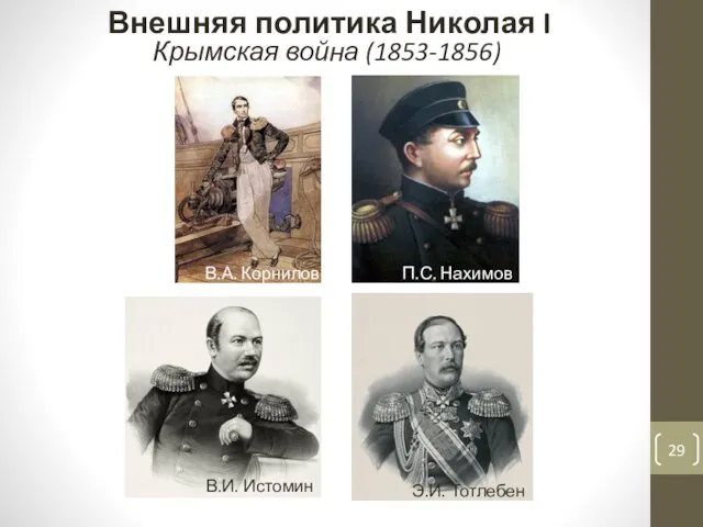 Внешняя политика Николая I Крымская война (1853-1856) В.А. Корнилов П.С. Нахимов В.И. Истомин Э.И. Тотлебен