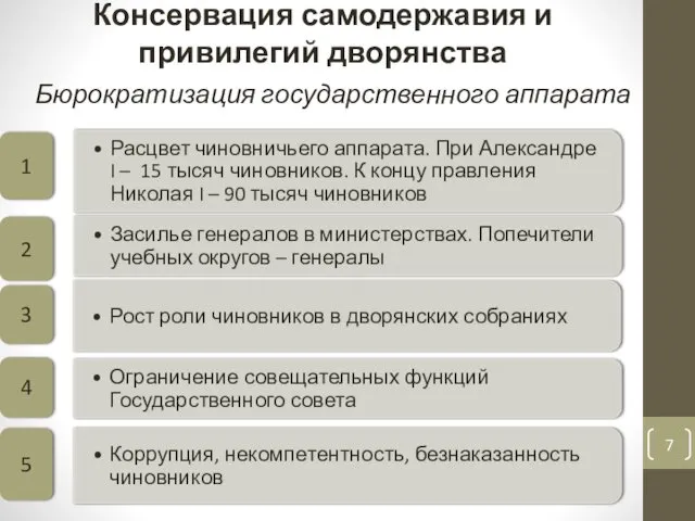 Консервация самодержавия и привилегий дворянства Бюрократизация государственного аппарата