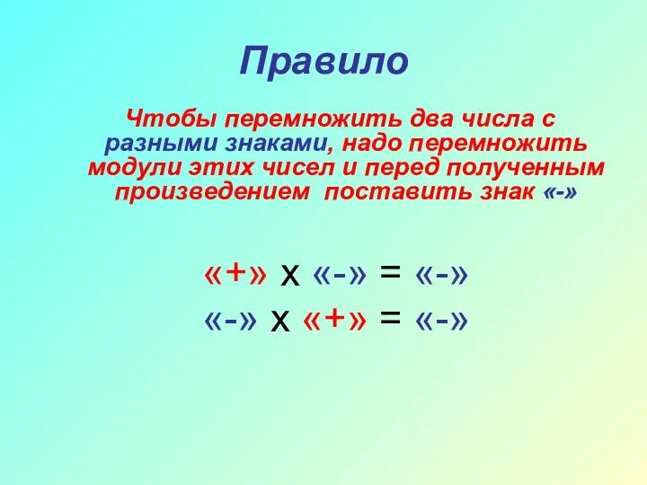 Правило Чтобы перемножить два числа с разными знаками, надо перемножить