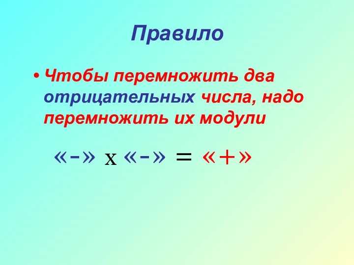 Правило Чтобы перемножить два отрицательных числа, надо перемножить их модули «-» х «-» = «+»