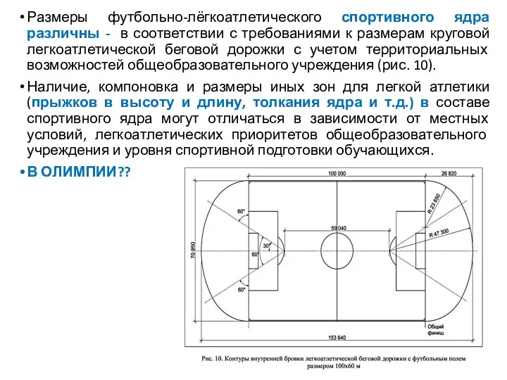 Размеры футбольно-лёгкоатлетического спортивного ядра различны - в соответствии с требованиями к размерам круговой