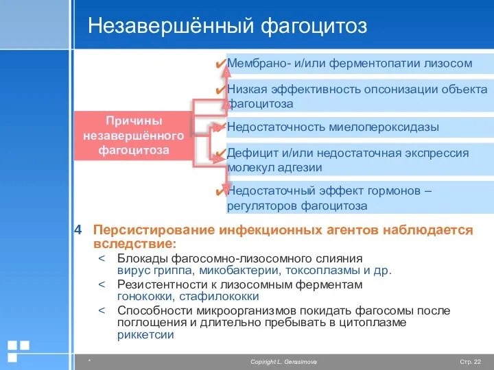 Незавершённый фагоцитоз Персистирование инфекционных агентов наблюдается вследствие: Блокады фагосомно-лизосомного слияния