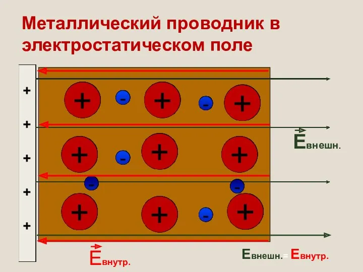 Металлический проводник в электростатическом поле Евнешн. Евнутр. Евнешн.= Евнутр.