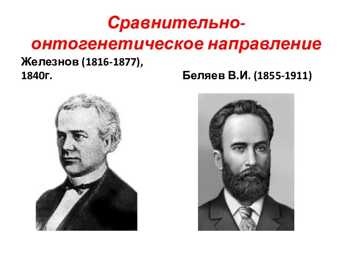 Сравнительно-онтогенетическое направление Железнов (1816-1877), 1840г. Беляев В.И. (1855-1911)