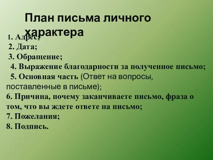 План письма личного характера 1. Адрес; 2. Дата; 3. Обращение;