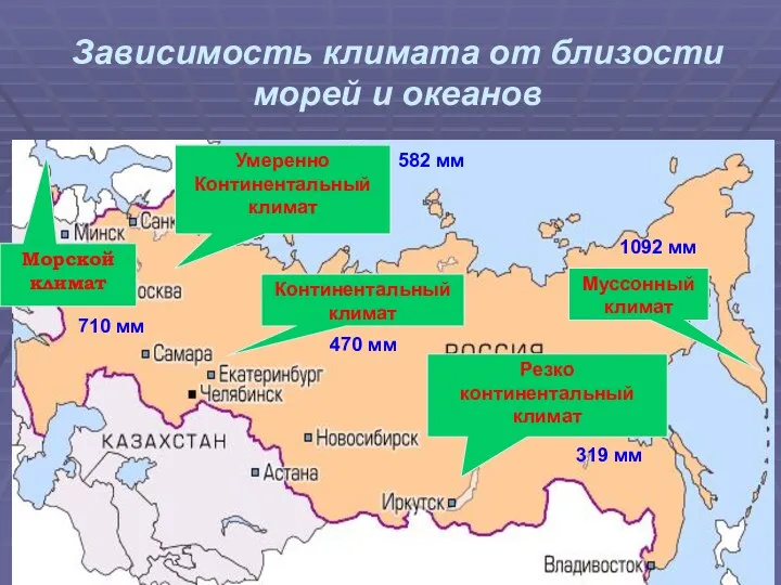 Зависимость климата от близости морей и океанов Морской климат Умеренно