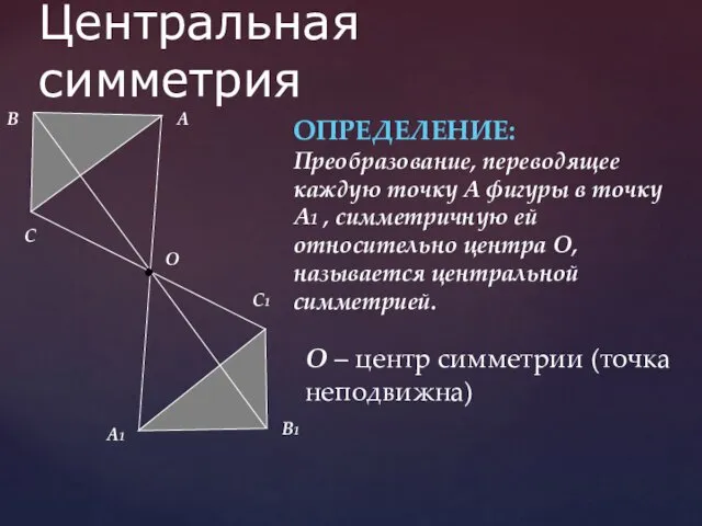 Центральная симметрия Преобразование, переводящее каждую точку А фигуры в точку