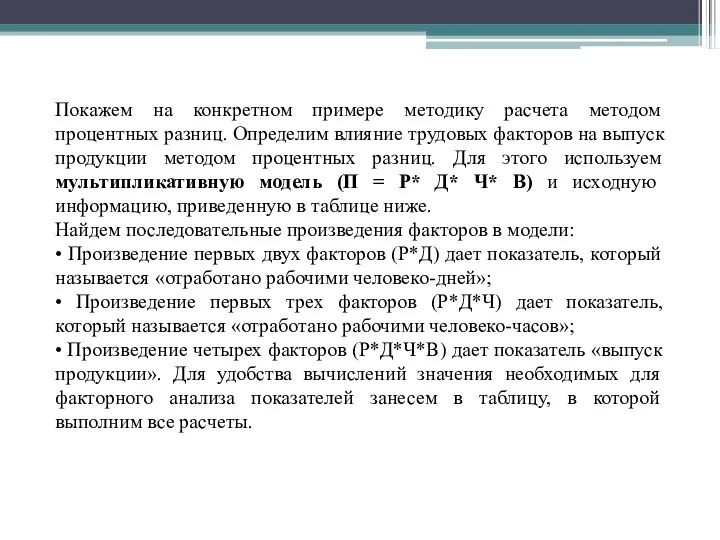 Покажем на конкретном примере методику расчета методом процентных разниц. Определим