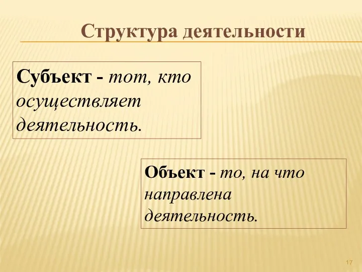 Структура деятельности Субъект - тот, кто осуществляет деятельность. Объект - то, на что направлена деятельность.