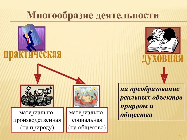 Многообразие деятельности на преобразование реальных объектов природы и общества