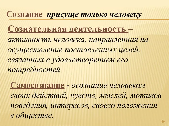 Сознание присуще только человеку Сознательная деятельность – активность человека, направленная